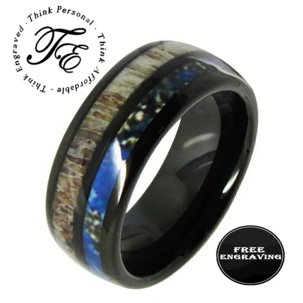 Men's Personalized Deer Antler and Tungsten Ring - Engraved Antler Ring For Men
